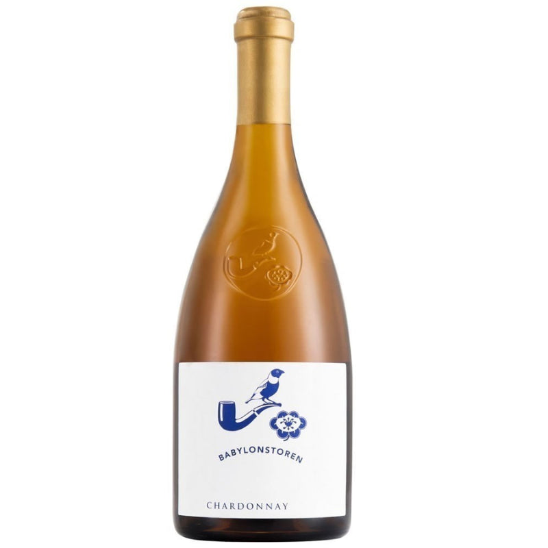 Wine bottle with a white label featuring a logo on a white background