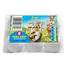 Load image into Gallery viewer, Packaging of 6 hens eggs with a cartoon rabbit and Easter-themed design on a white background.