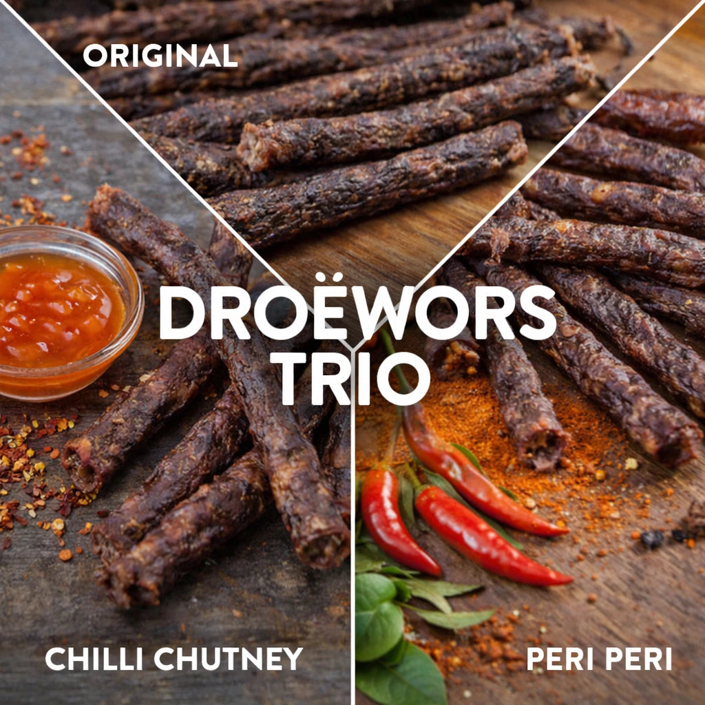 Droewors Trio: Flavours Chilli Chutney, Peri Peri, Original