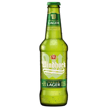 Load image into Gallery viewer, A 330ml bottle of Windhoek Lager with a green label and logo.