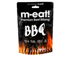 Load image into Gallery viewer, Packaging of m-eat! Premium Beef Biltong with BBQ flavor, featuring flames and brand logos, indicating it contains 200g beef per 100g.